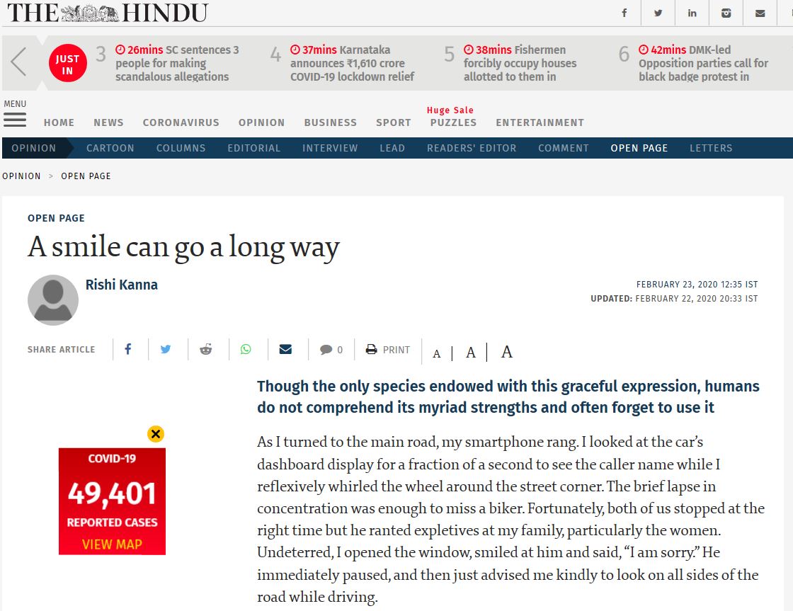 2020.02.23-Dr-Rishi-Kanna-Article-in-HINDU-Newspaper-A-smile-can-go-a-long-way